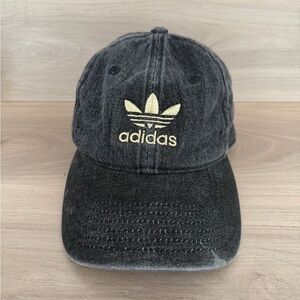 adidas Hat Black Denim Jean Gold Shimmer Trefoil Logo Relaxed Dad Cap Strap Back